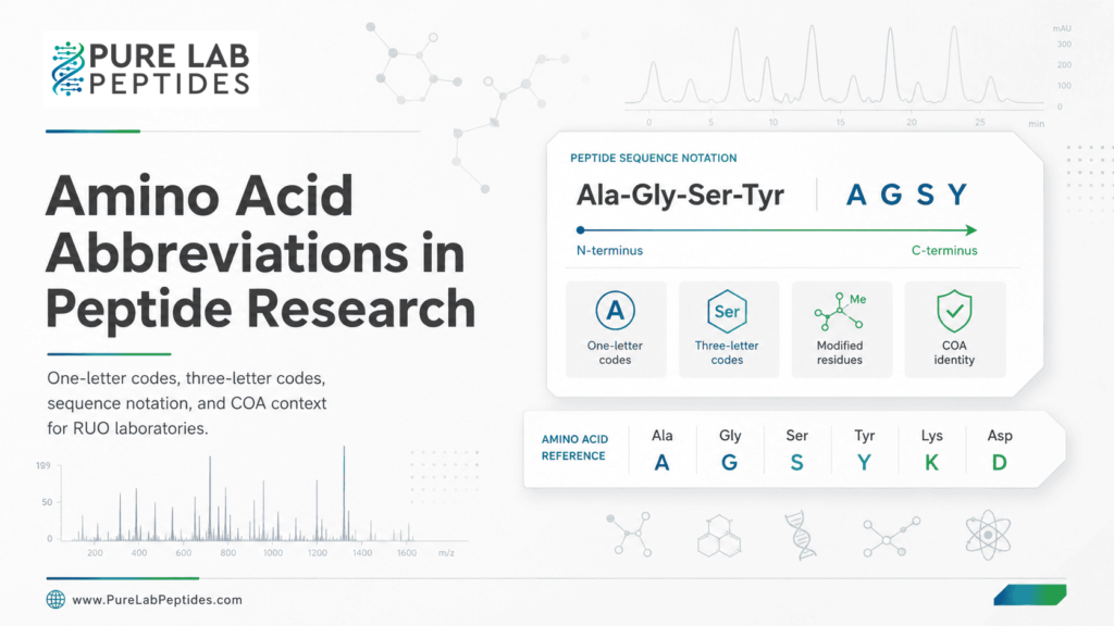 Amino Acid Abbreviations in Peptide Research infographic for RUO laboratory context